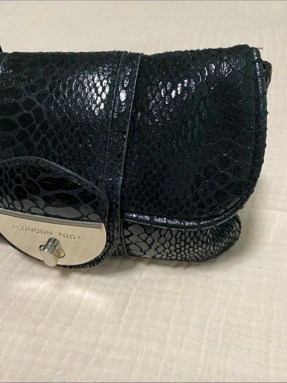 London Fog Black Patent Snakeskin-Embossed Clutch with Silver Hardware